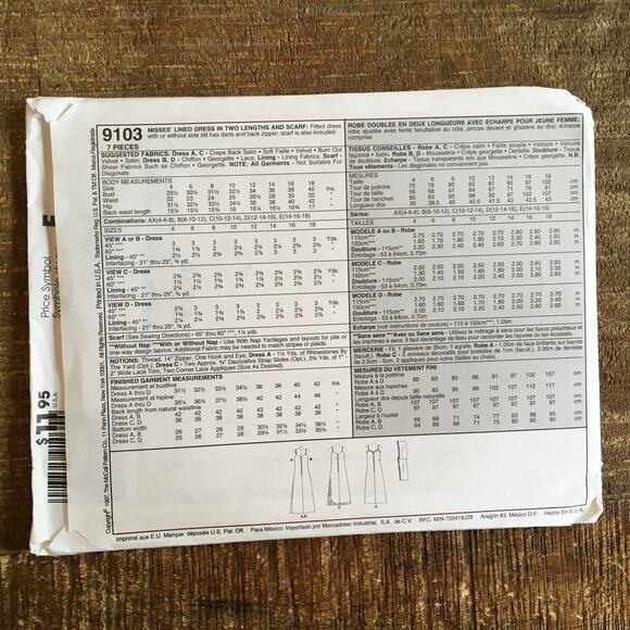 McCalls Sewing Pattern 9103 Evening Elegance Y2K Era 90s Prom Dress 14-18 UNCUT - Picture 2 of 2